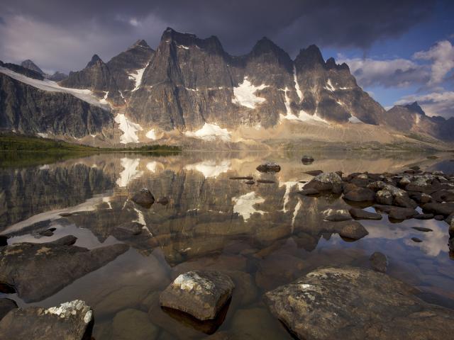 Ramparts Reflected in Amethyst Lake at Sunrise, Jasper National Park, Alberta
